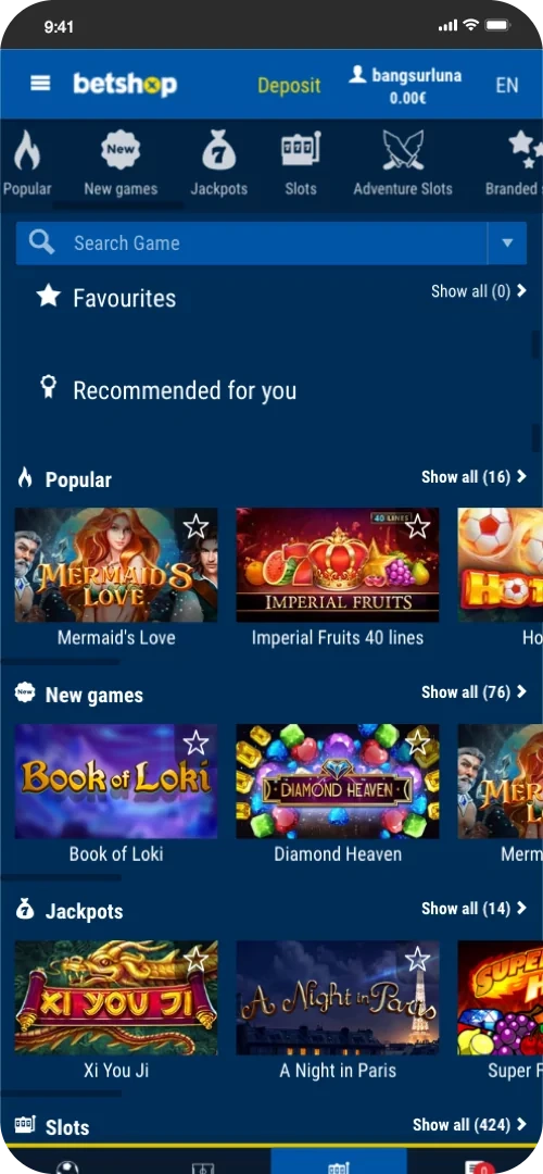 betshop mobile page